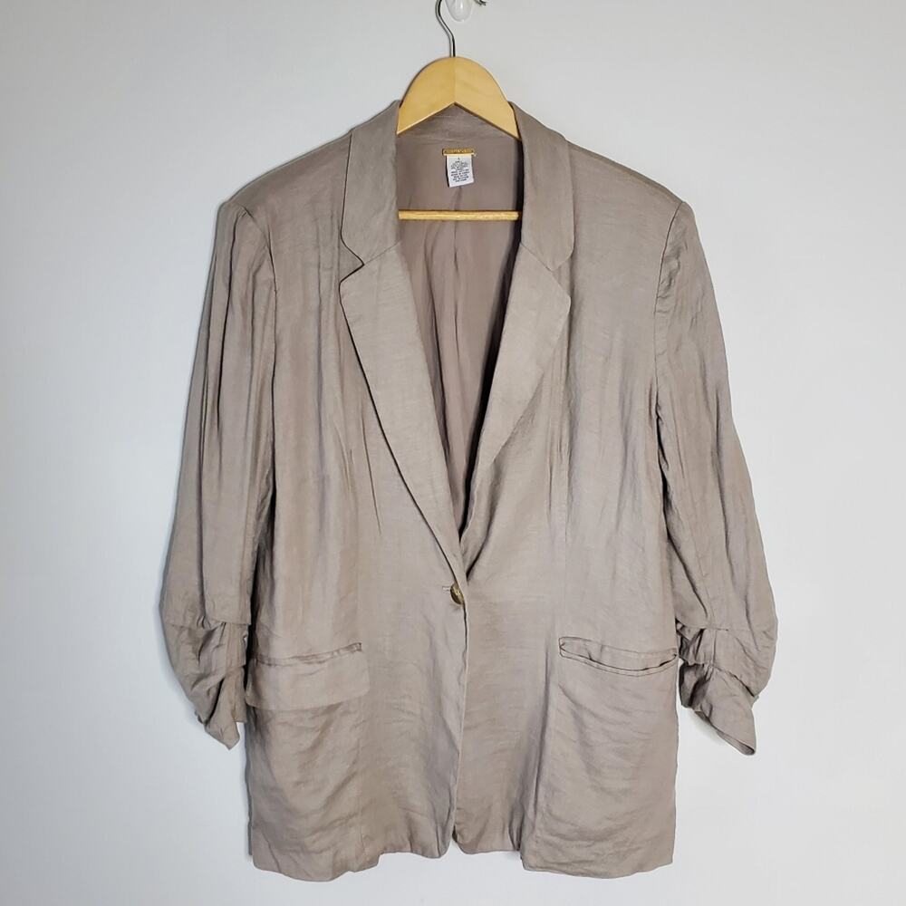 Magaschoni linen blend taupe ruched sleeve single button blazer Size Large